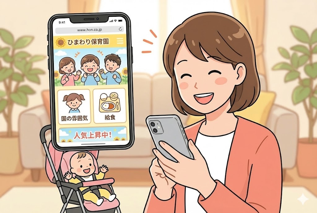 スマホで人気の保育園ホームページを見て笑顔になる保護者
