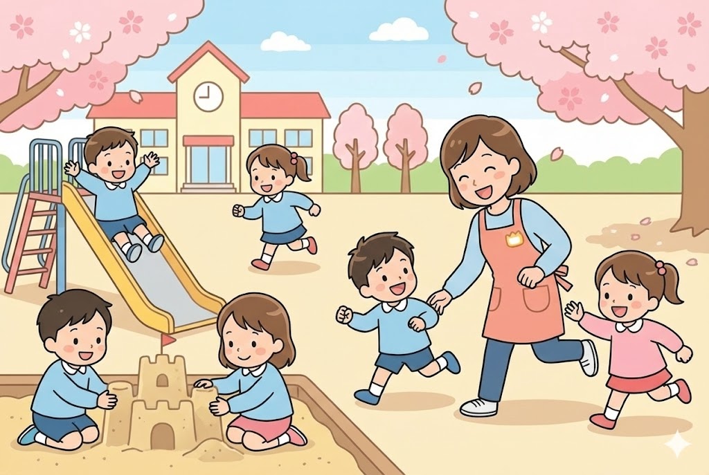 園庭で元気に遊ぶ子どもたちと先生の様子