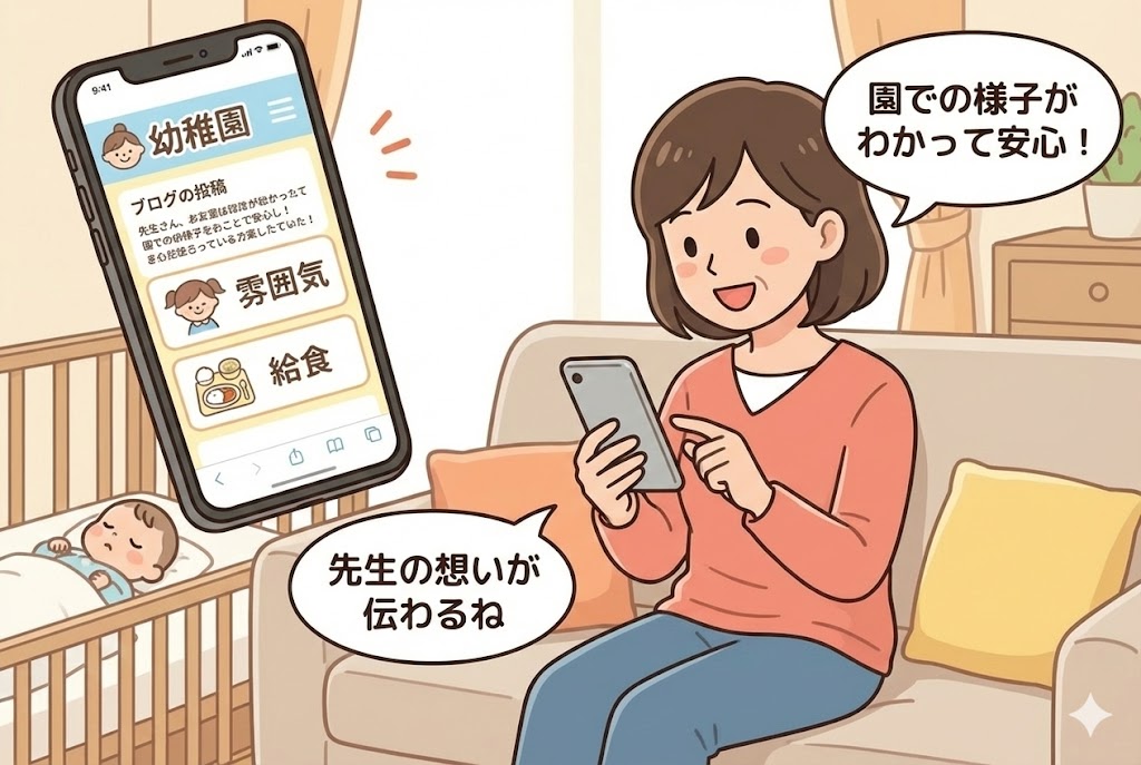 スマホで園のブログを見て安心する保護者