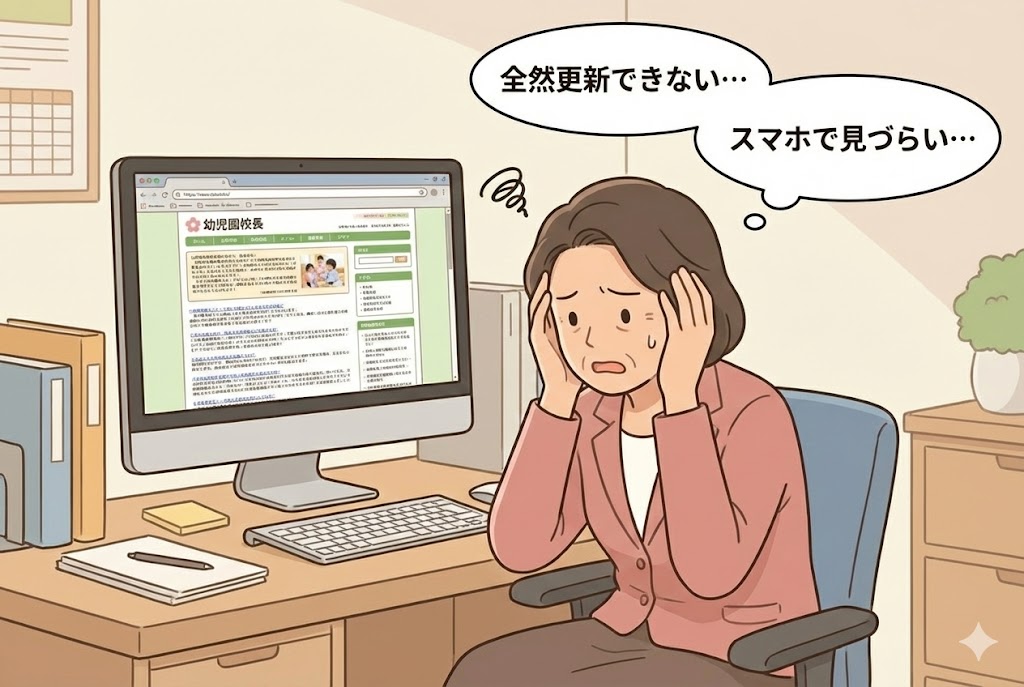 パソコンの前で頭を抱える園長先生