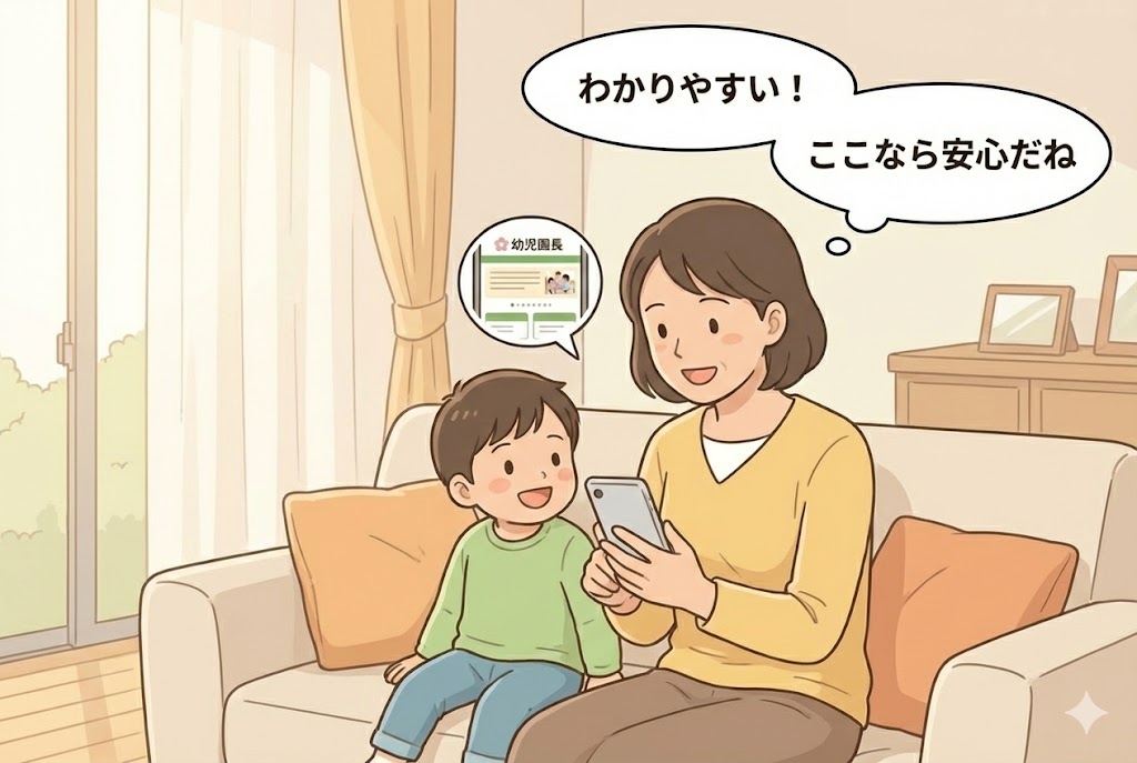 スマホで園のホームページを見て笑顔になる親子