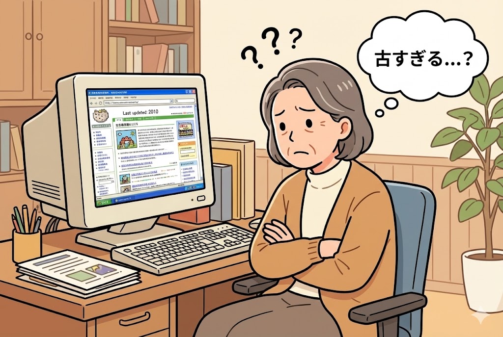 古いパソコン画面を見て悩んでいる園長先生