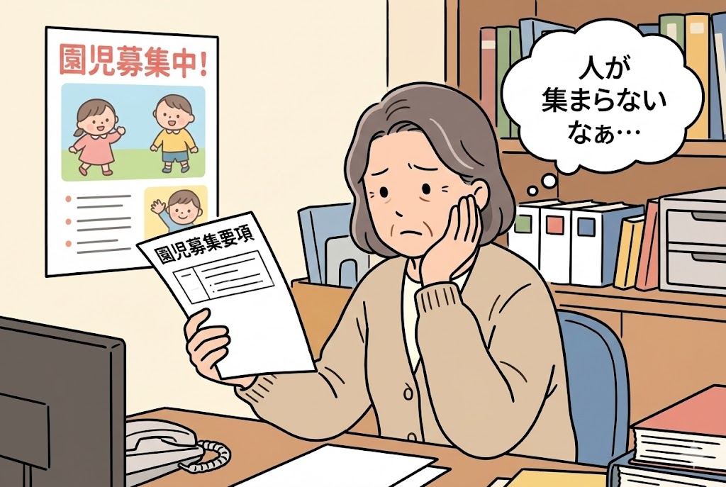 園児募集の資料を見ながら悩んでいる園長先生