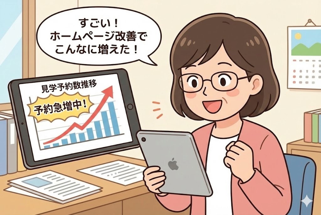 タブレットで見学予約の増加を確認して喜ぶ園長先生