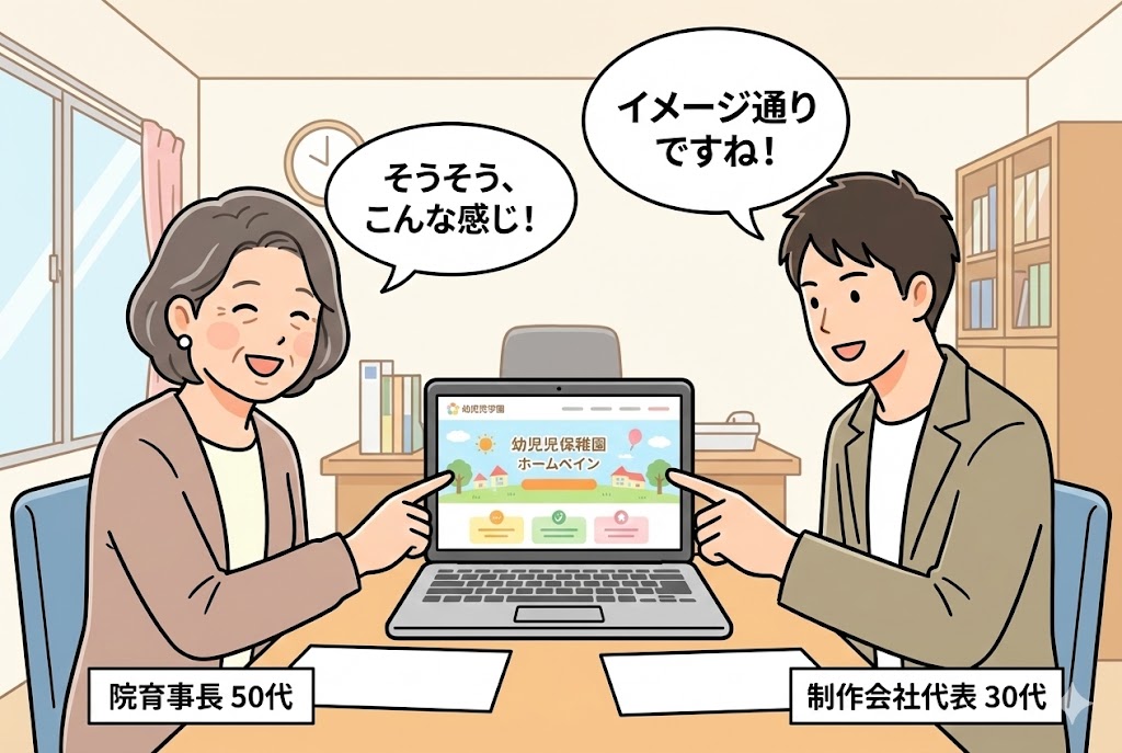 制作会社と笑顔でデザインの打ち合わせをしている園長先生