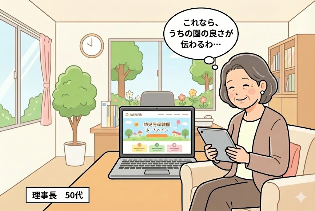 完成したホームページを見て満足そうに頷く理事長