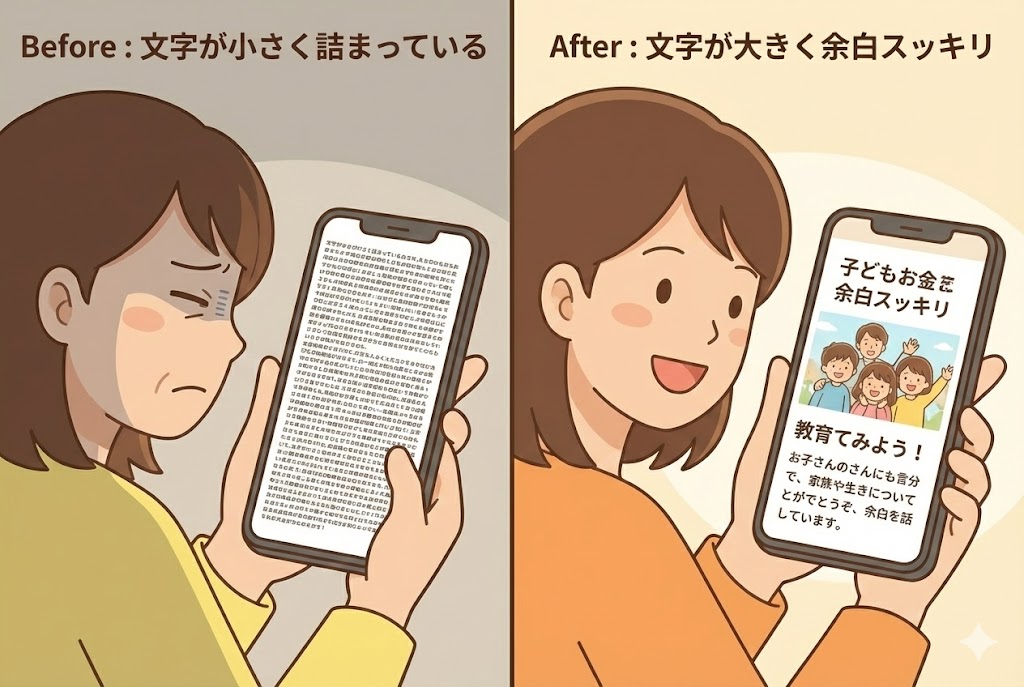 文字サイズ・行間・余白の見直しによる読みやすさ改善（ビフォーアフター）