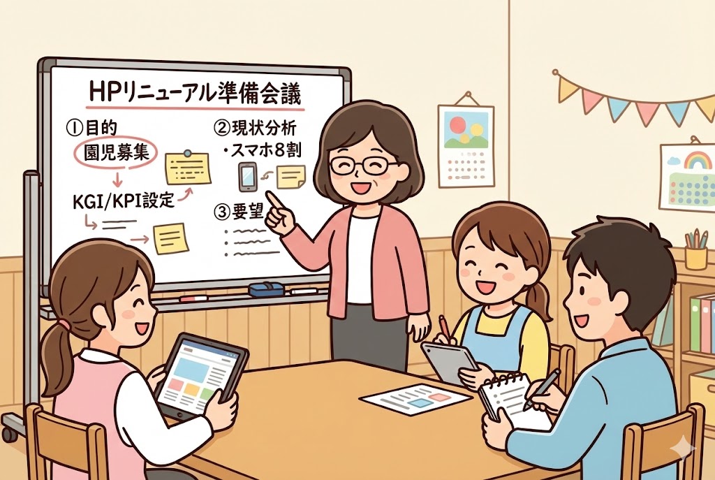 ホームページリニューアルの準備について話し合う園長とスタッフ