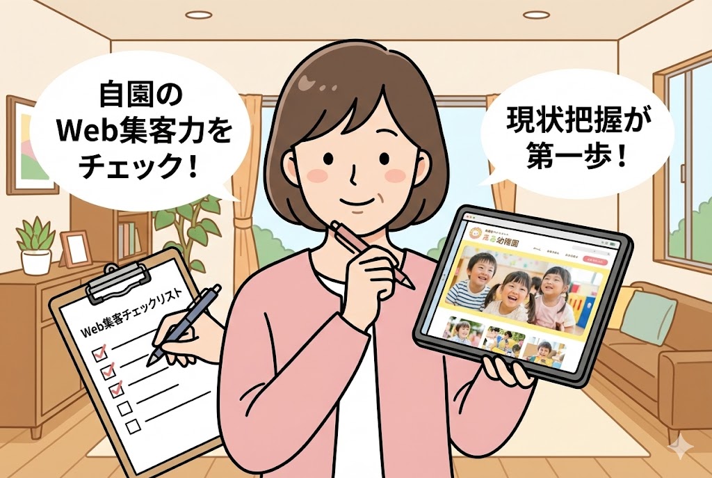 Web集客チェックリストを使って自園のサイトを確認するイメージ