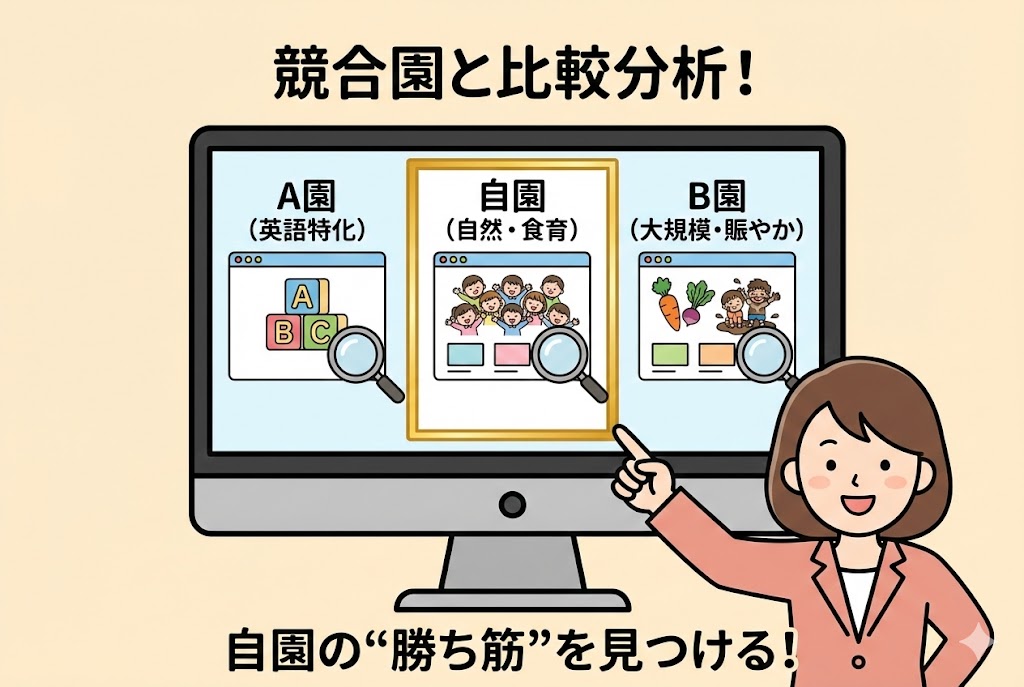 他園と自園のホームページをPC画面で比較しているイメージ