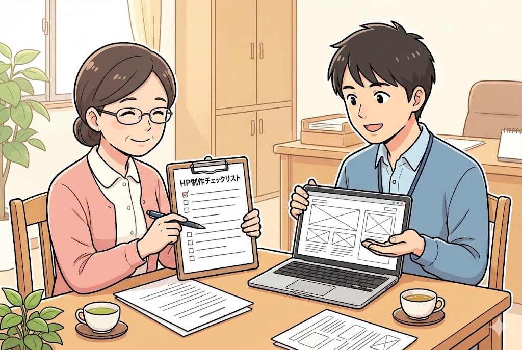 ホームページ制作の打ち合わせでチェックリストを確認する園長のイメージ